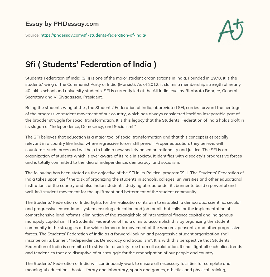 Sfi ( Students’ Federation of India ) essay