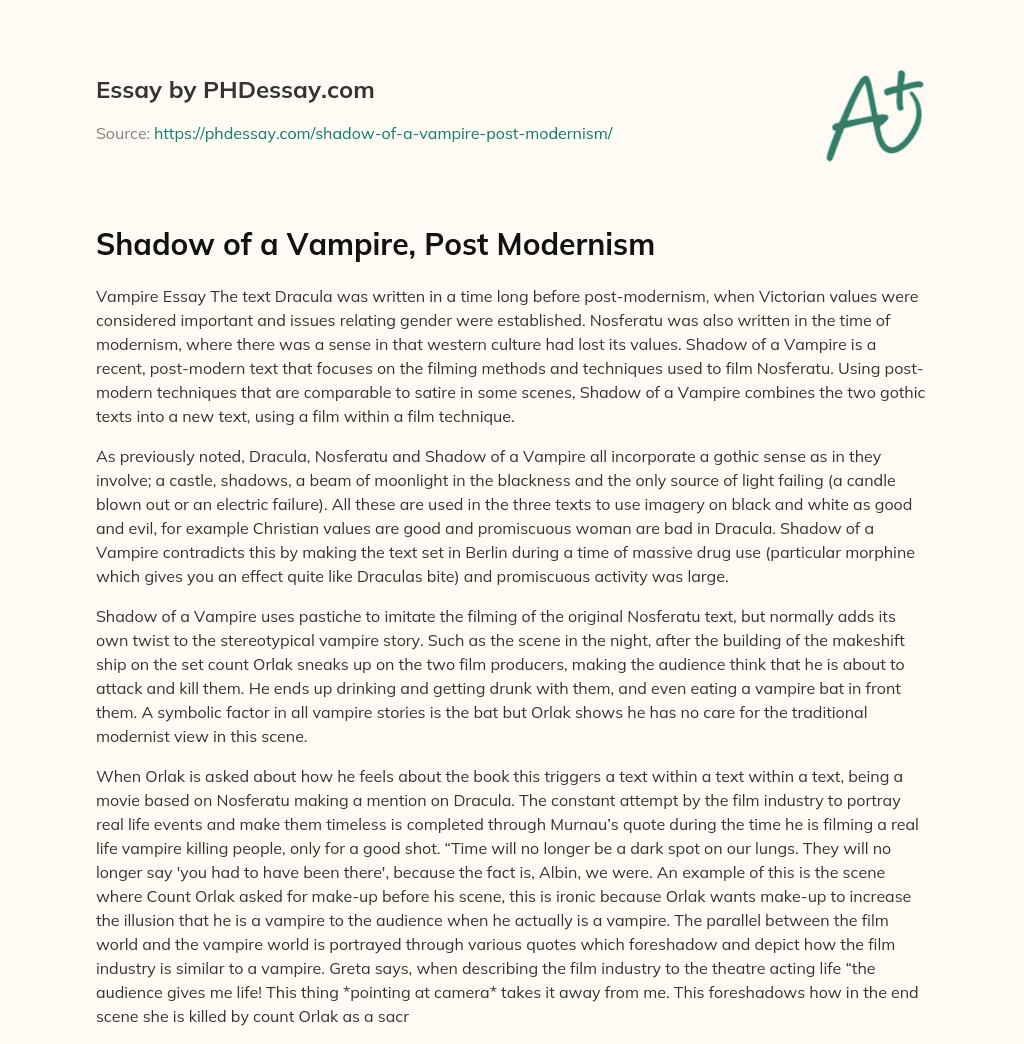 Shadow of a Vampire, Post Modernism essay