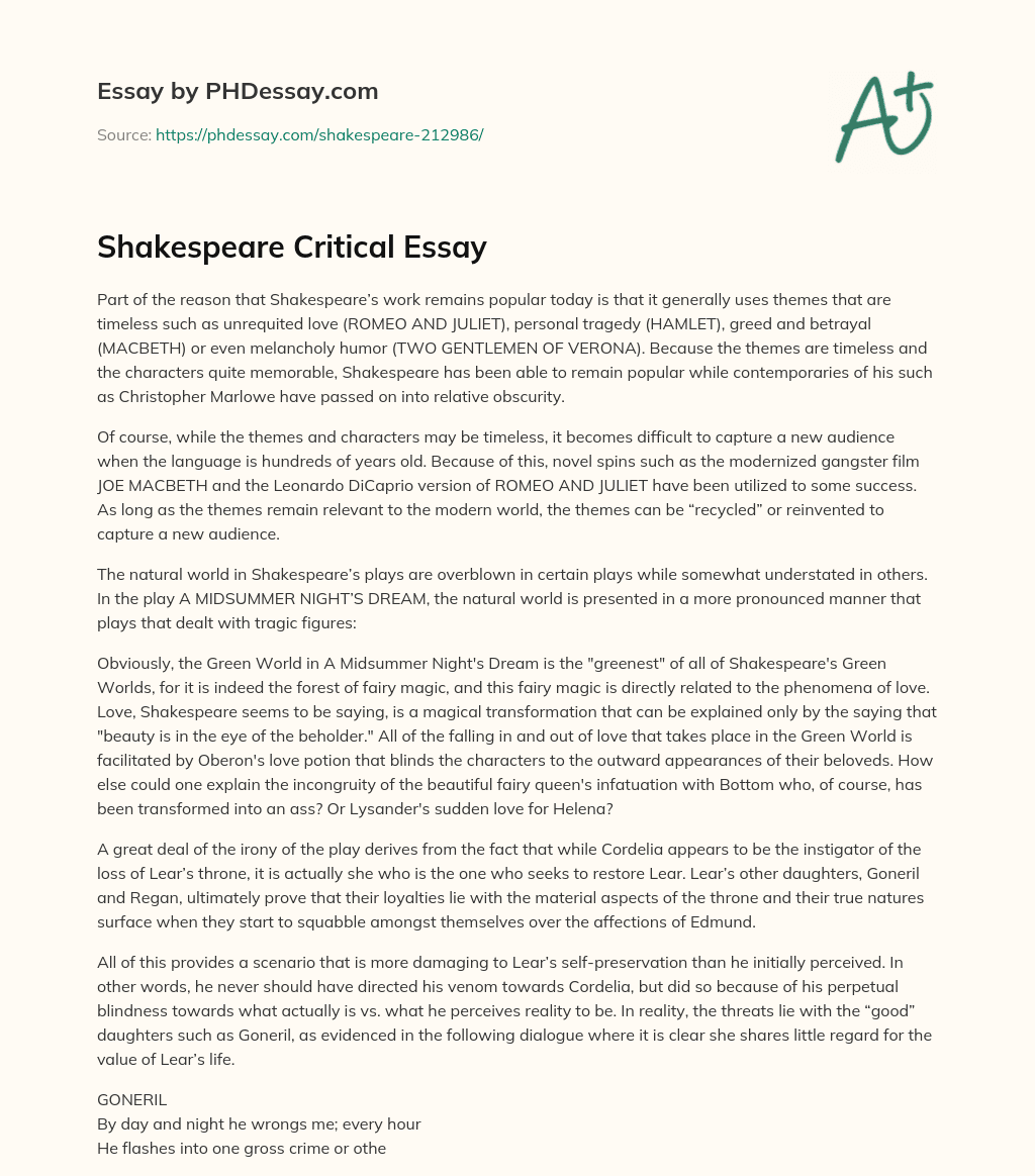 Shakespeare Critical Essay essay