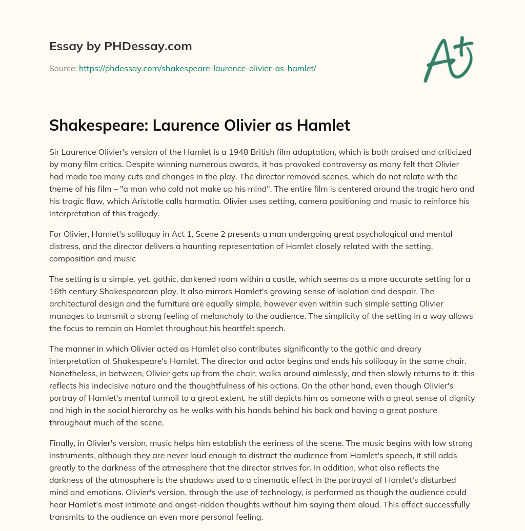 Shakespeare: Laurence Olivier as Hamlet essay