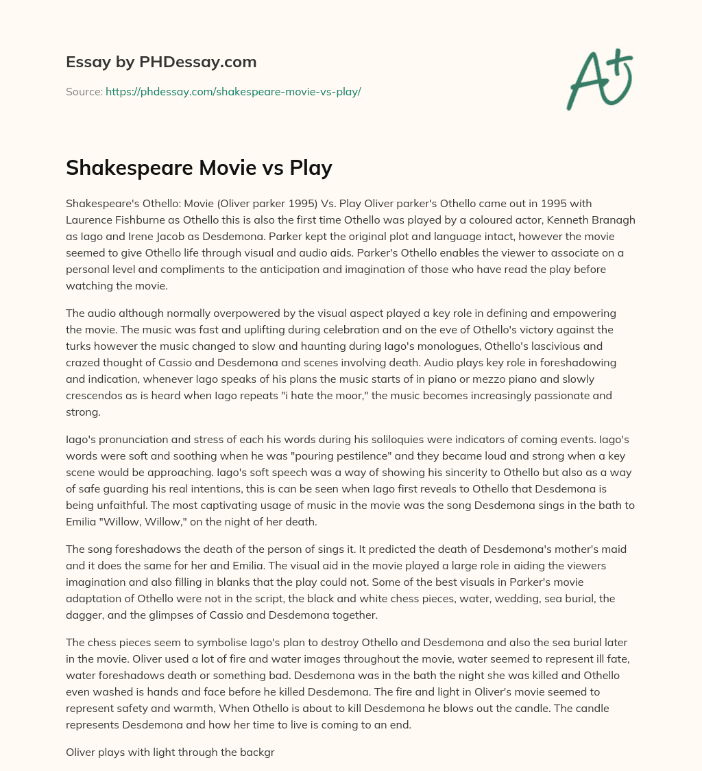 Shakespeare Movie vs Play essay