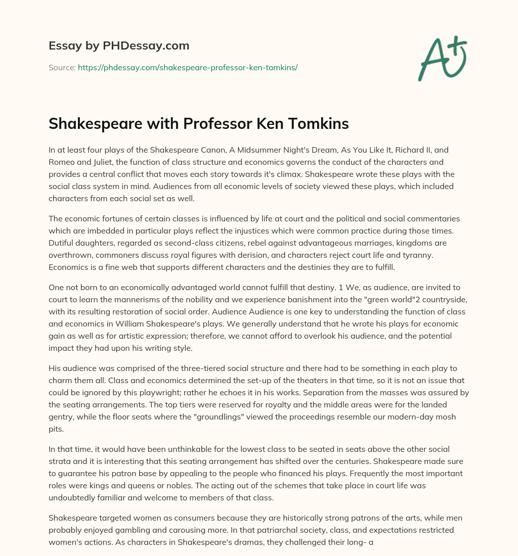 Shakespeare with Professor Ken Tomkins essay