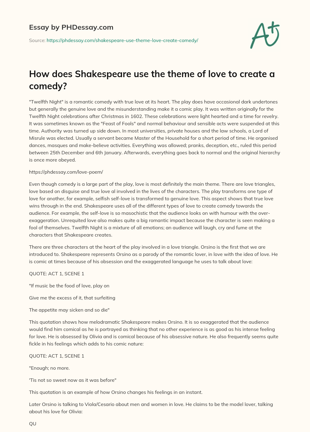 How does Shakespeare use the theme of love to create a comedy? essay