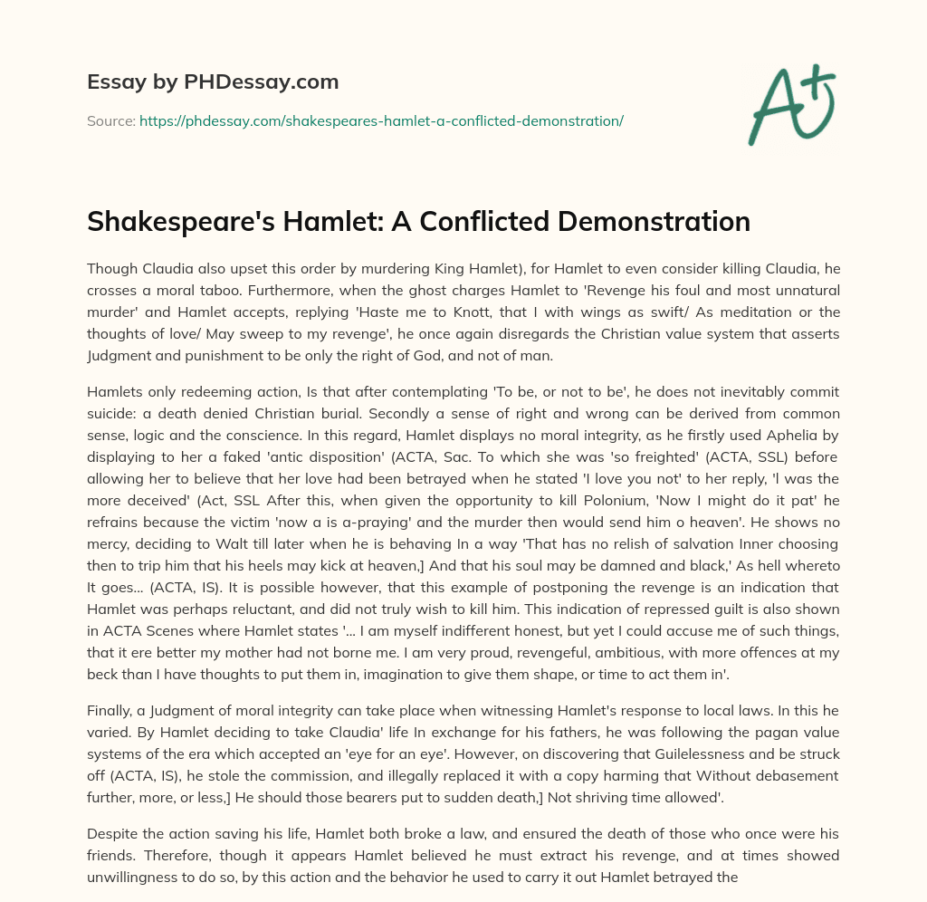 Shakespeare’s Hamlet: A Conflicted Demonstration essay