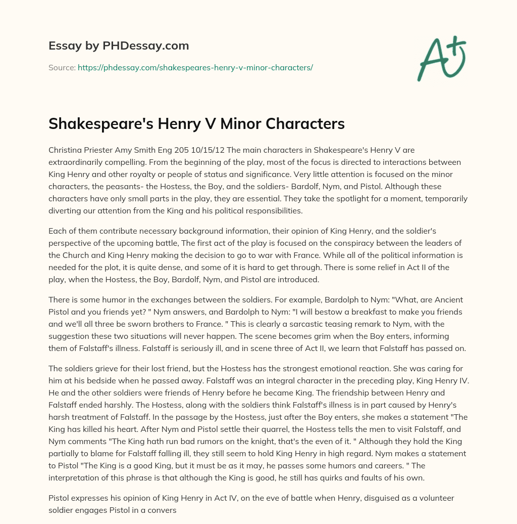 Shakespeare’s Henry V Minor Characters essay