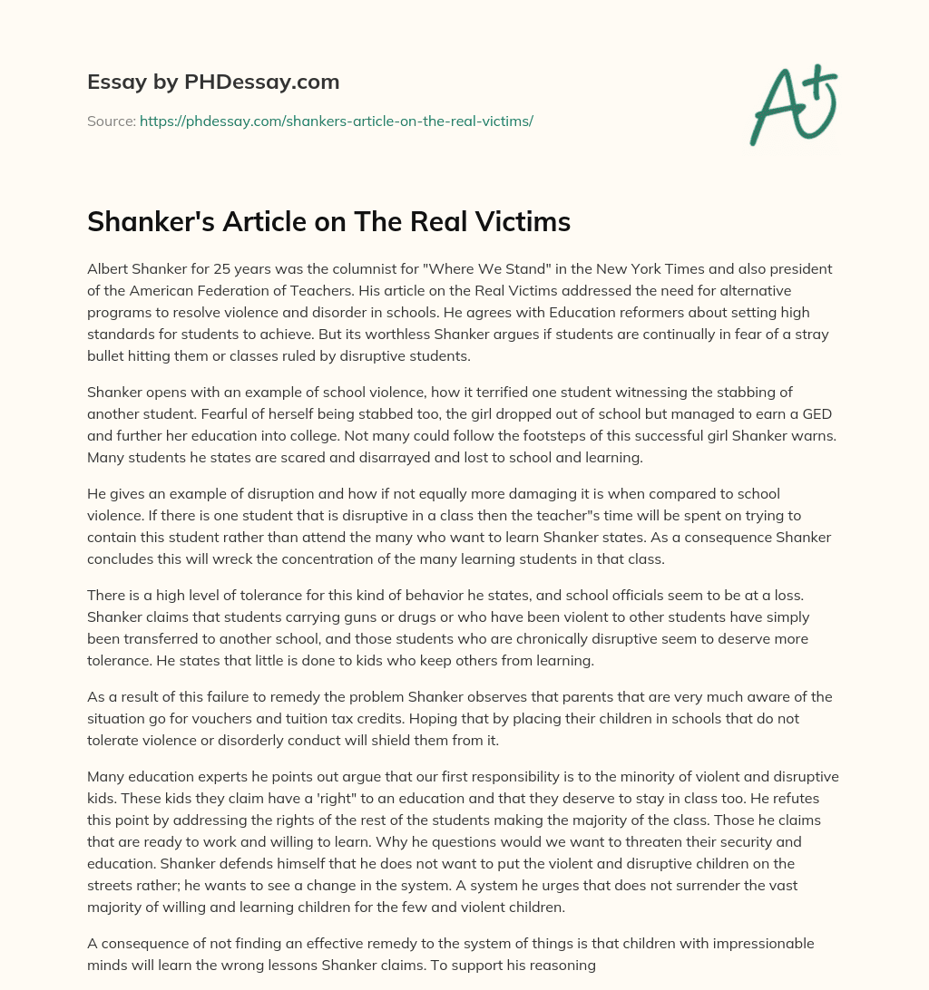 Shanker’s Article on The Real Victims essay