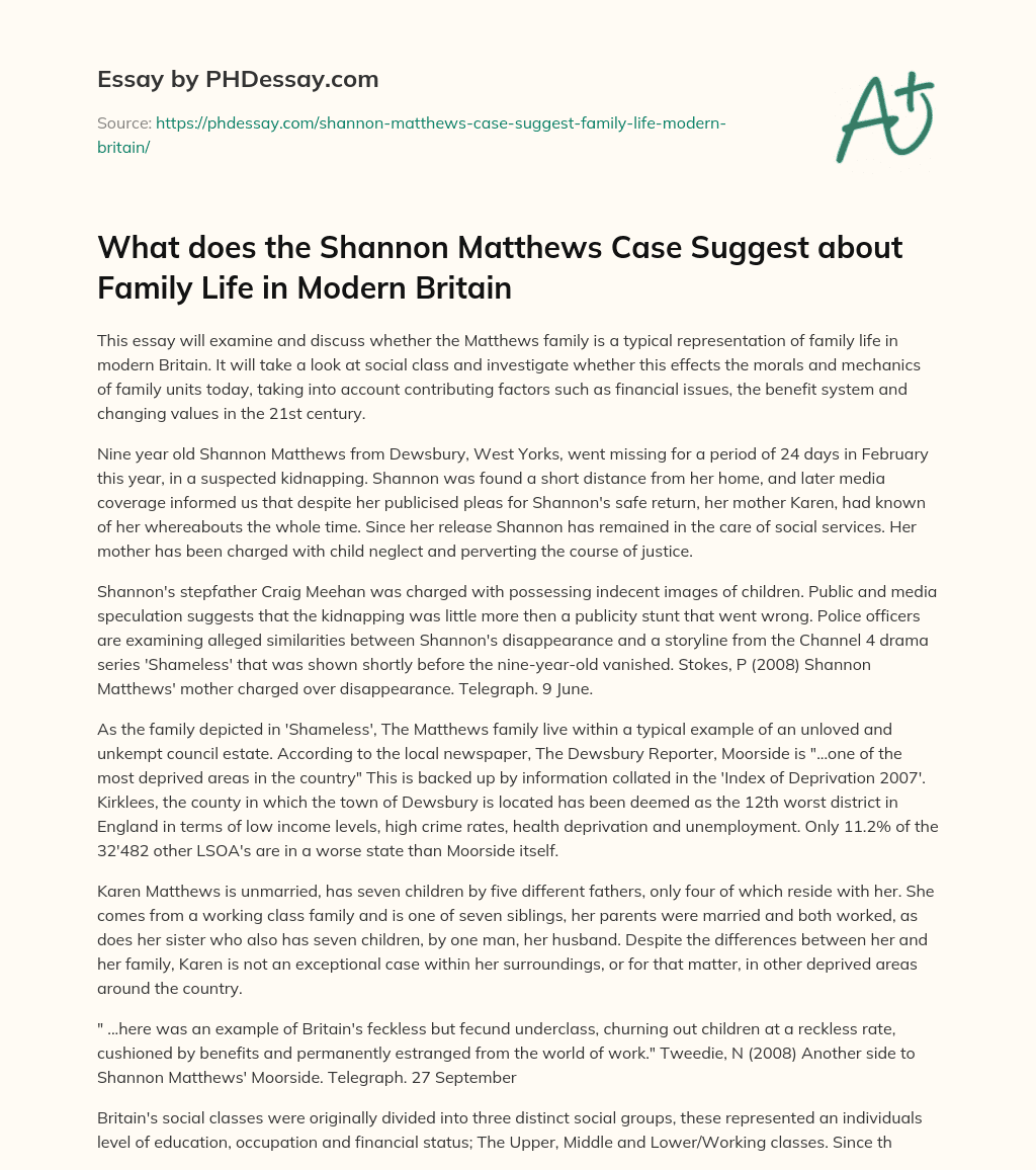 What does the Shannon Matthews Case Suggest about Family Life in Modern Britain essay
