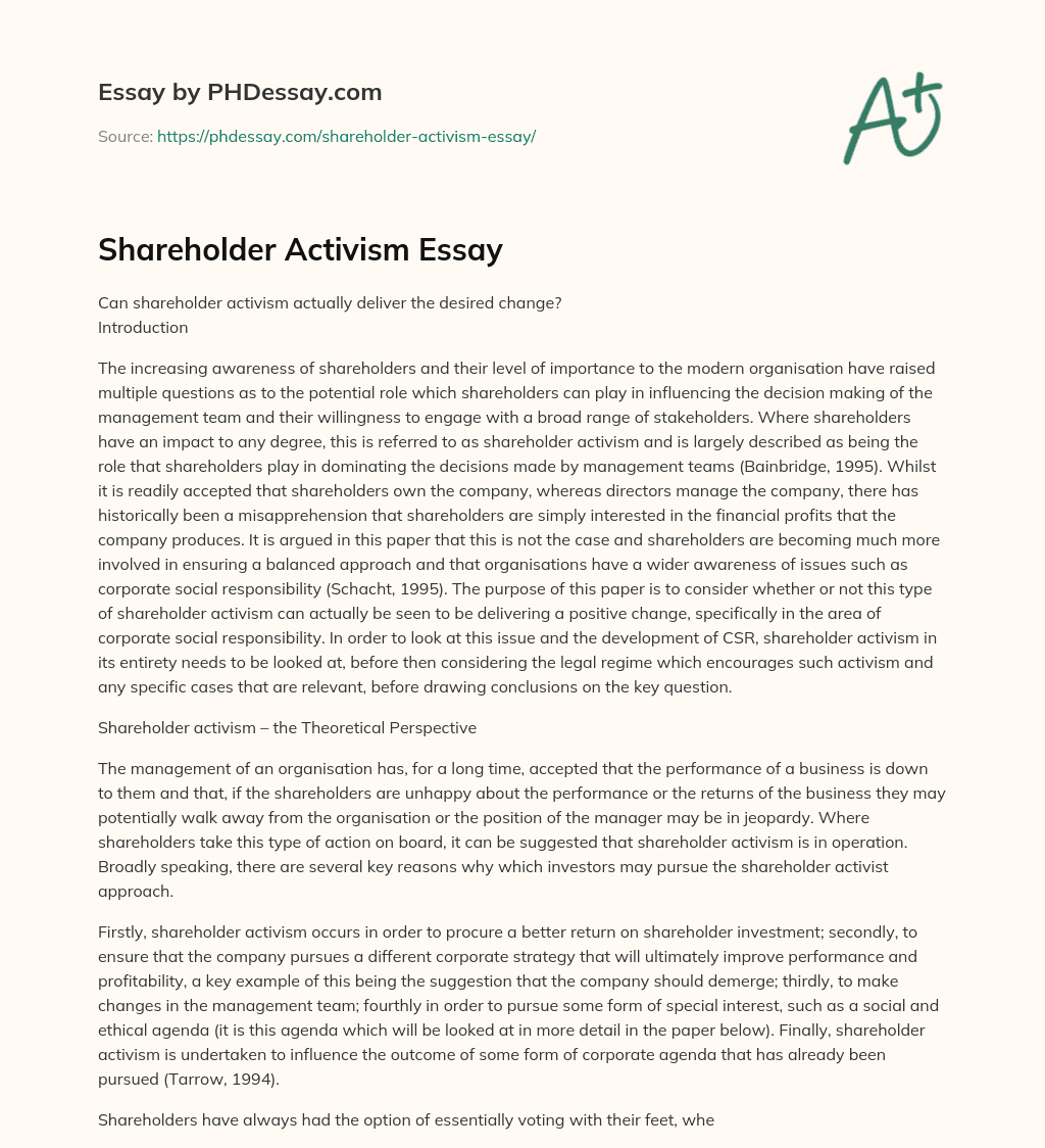 Shareholder Activism Essay essay