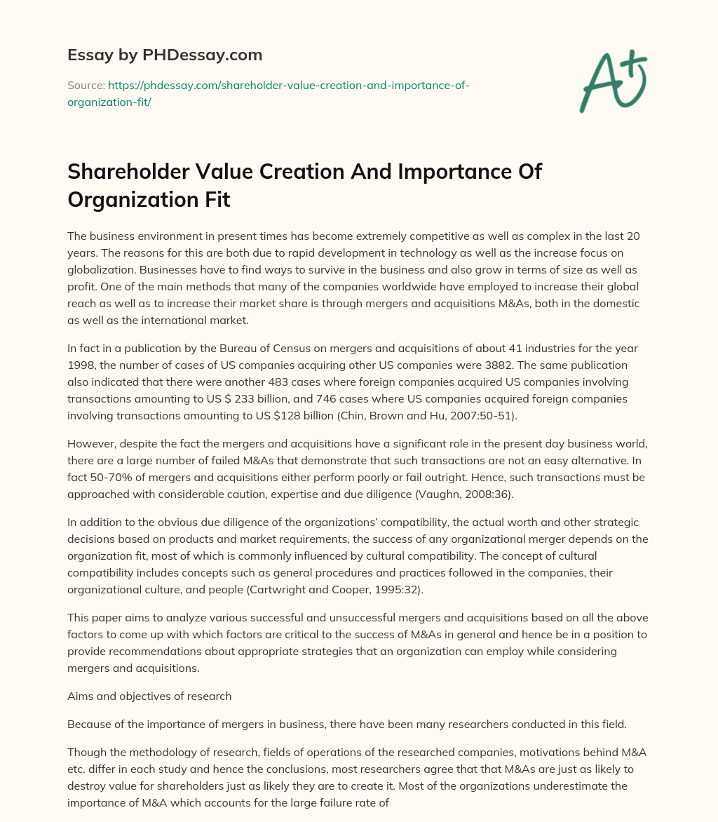 Shareholder Value Creation And Importance Of Organization Fit essay