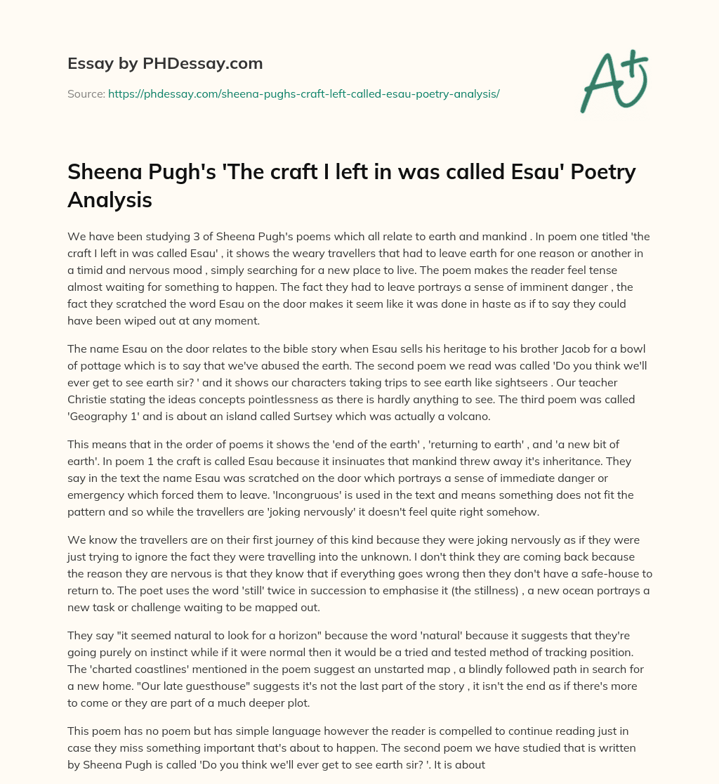 Sheena Pugh’s ‘The craft I left in was called Esau’ Poetry Analysis essay