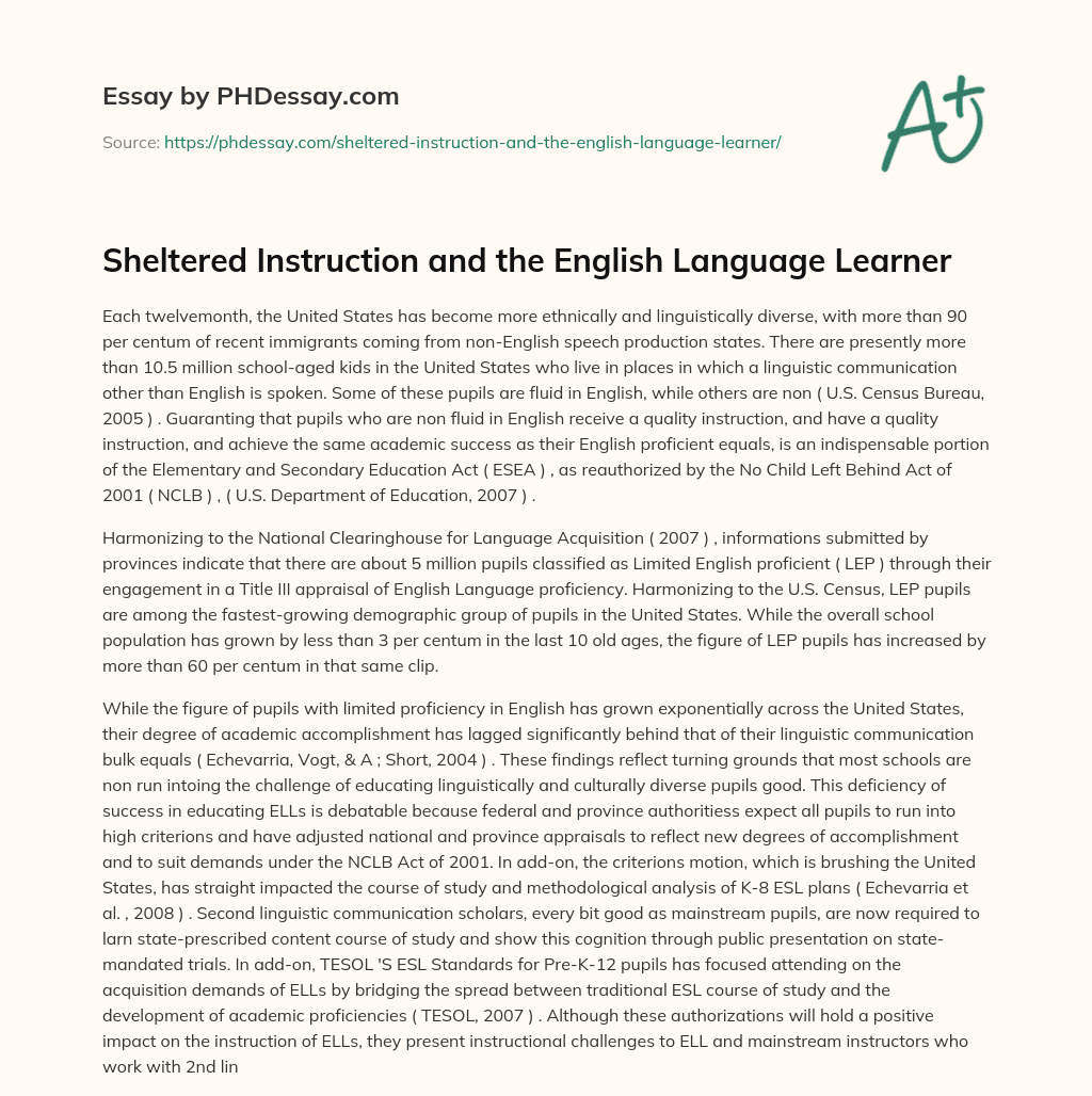 Sheltered Instruction and the English Language Learner essay