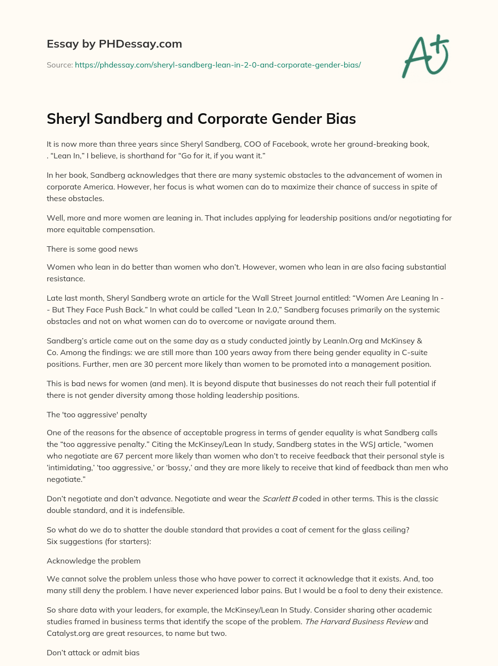 Sheryl Sandberg and Corporate Gender Bias essay