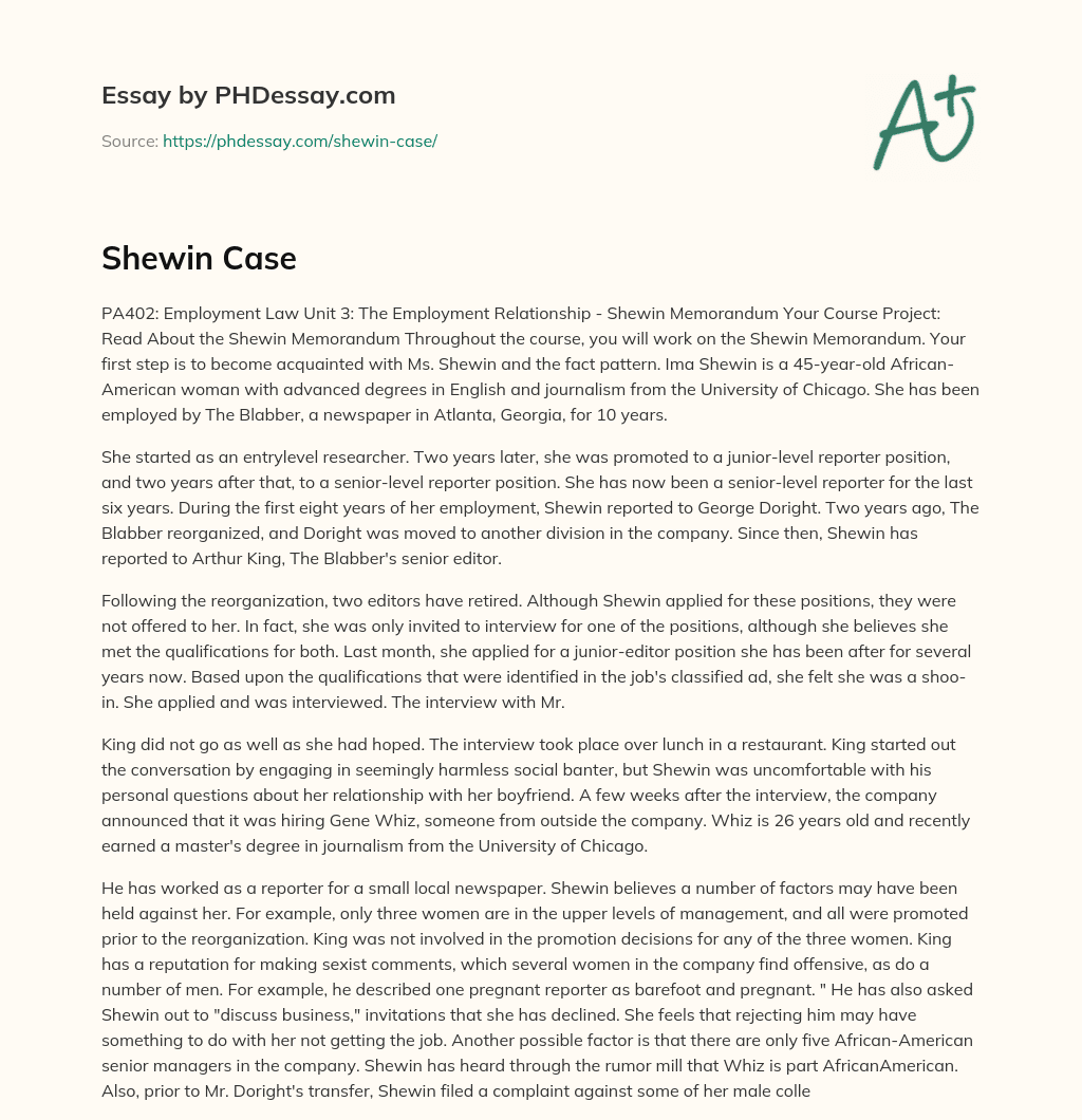 Course Project: Analyzing the Shewin Memorandum for Employment Law Unit 3 essay