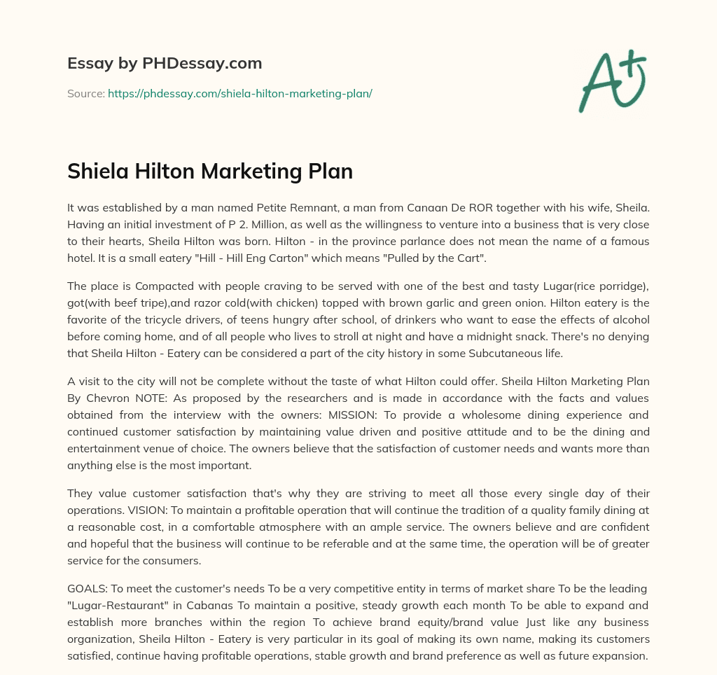 Shiela Hilton Marketing Plan essay
