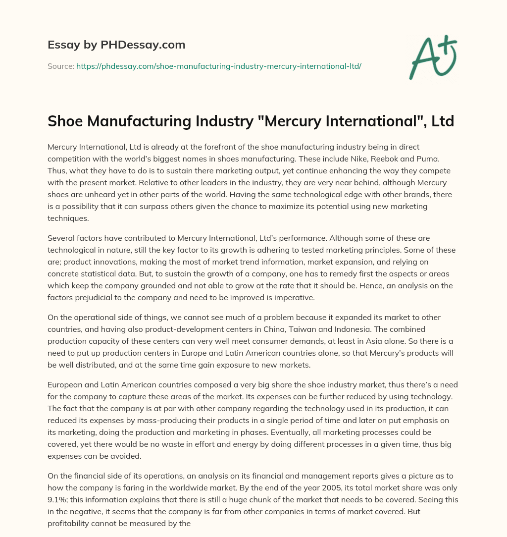 Shoe Manufacturing Industry “Mercury International”, Ltd essay