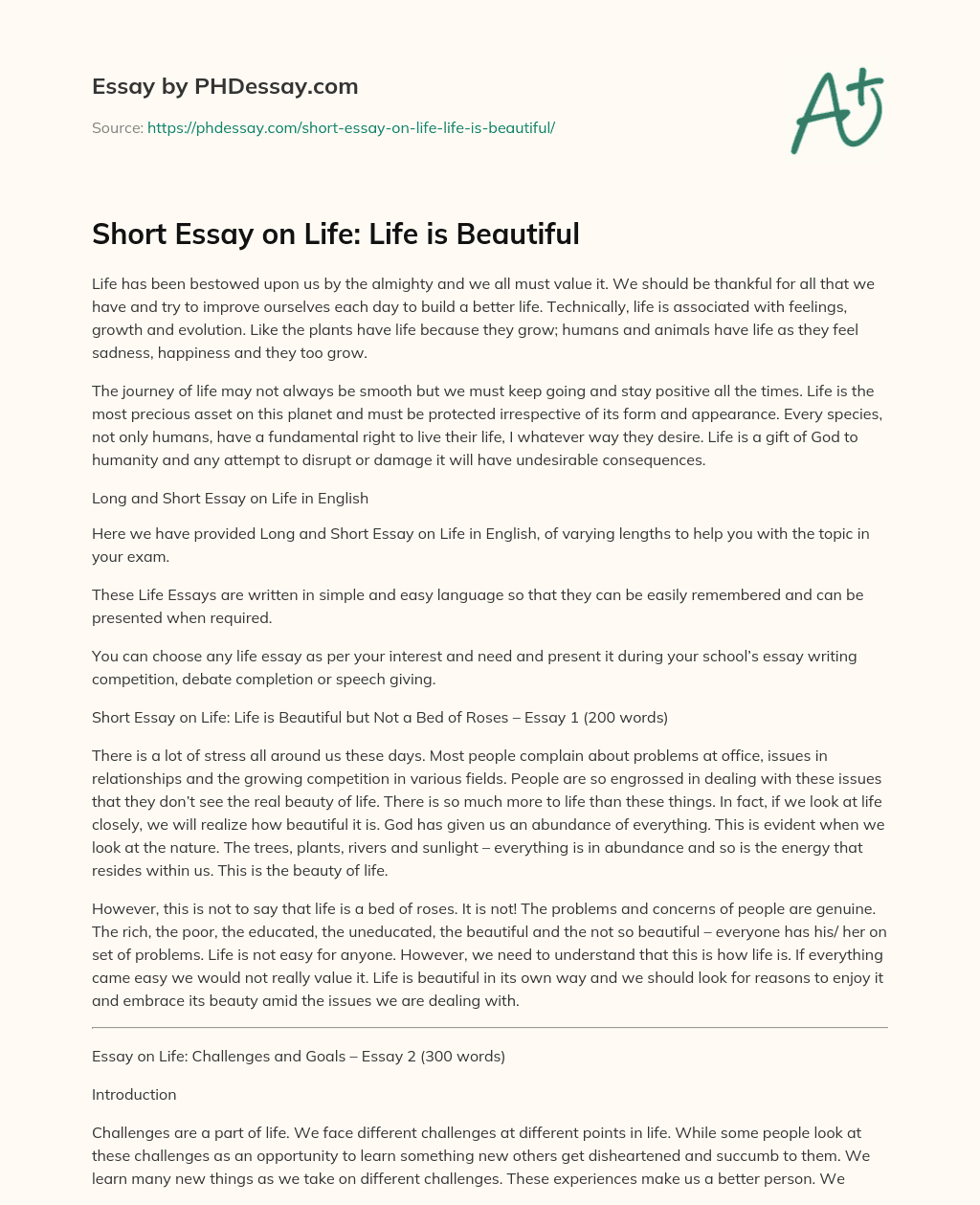 Life Is Beautiful Descriptive And Summary Essay Examples 200 500 300 