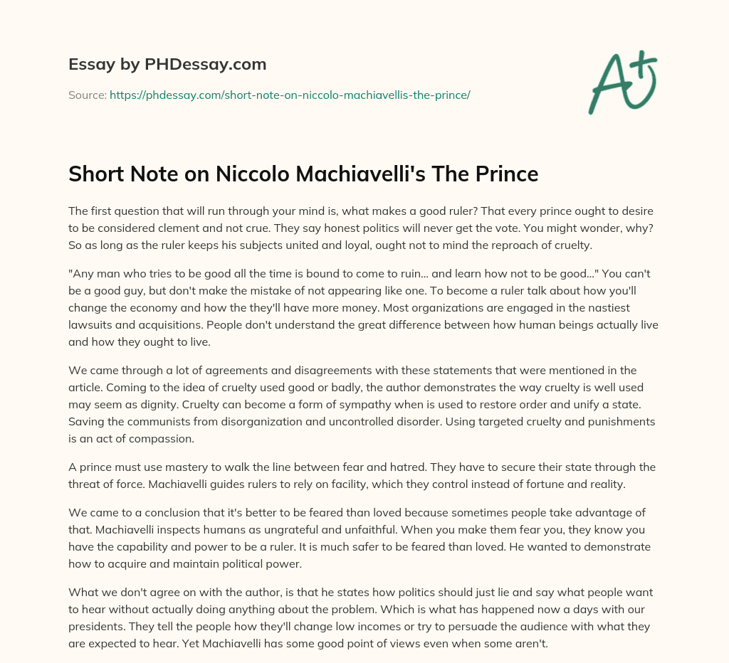 Short Note on Niccolo Machiavelli’s The Prince essay