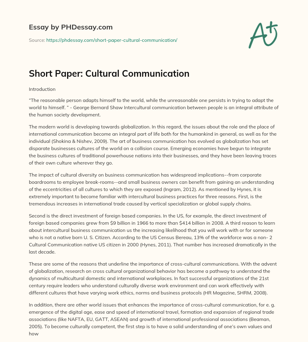 Short Paper: Cultural Communication essay
