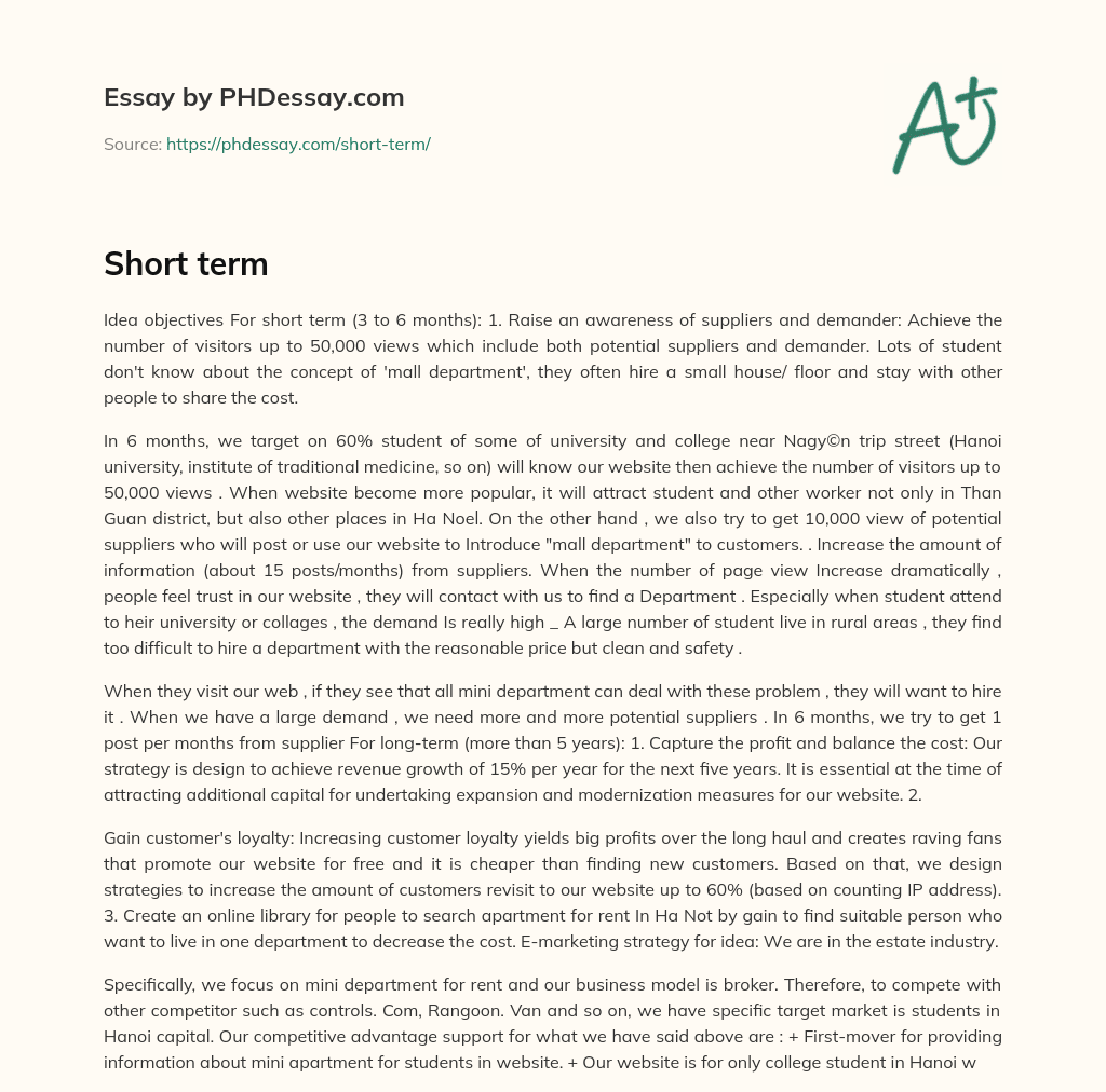 Objectives for Short Term: Raising Awareness of Mall Departments for Students and Suppliers essay