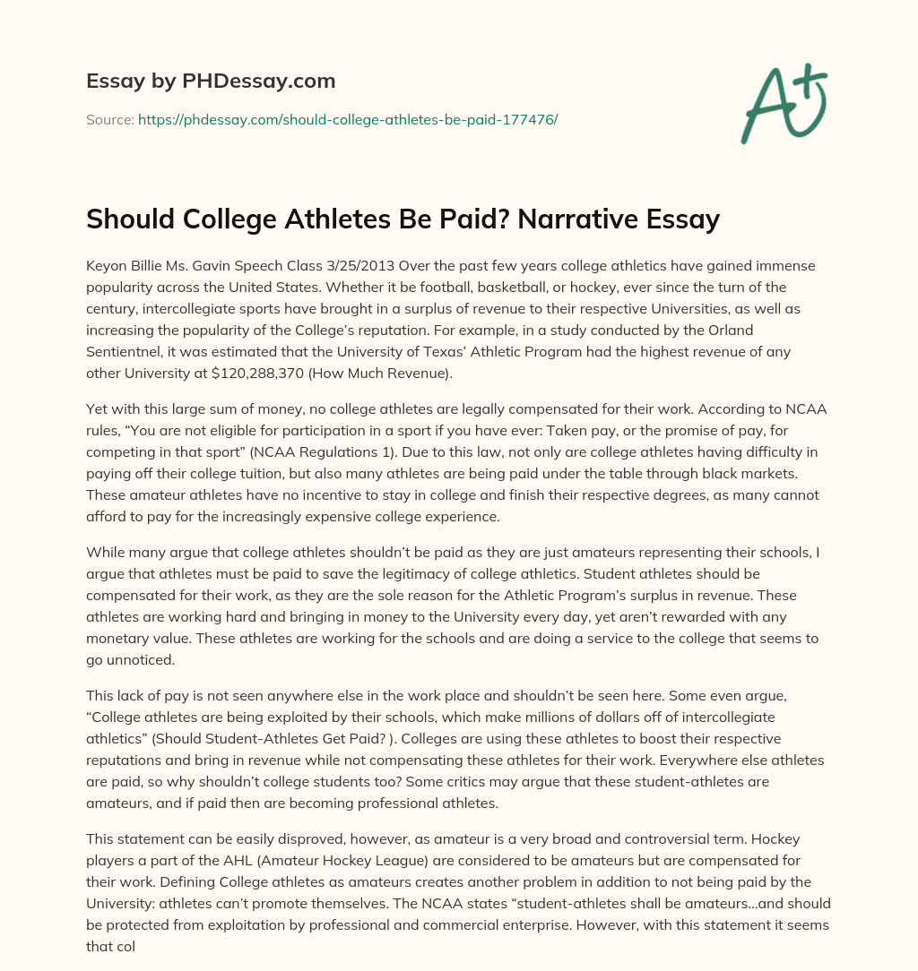 Should College Athletes Be Paid? Narrative Essay essay