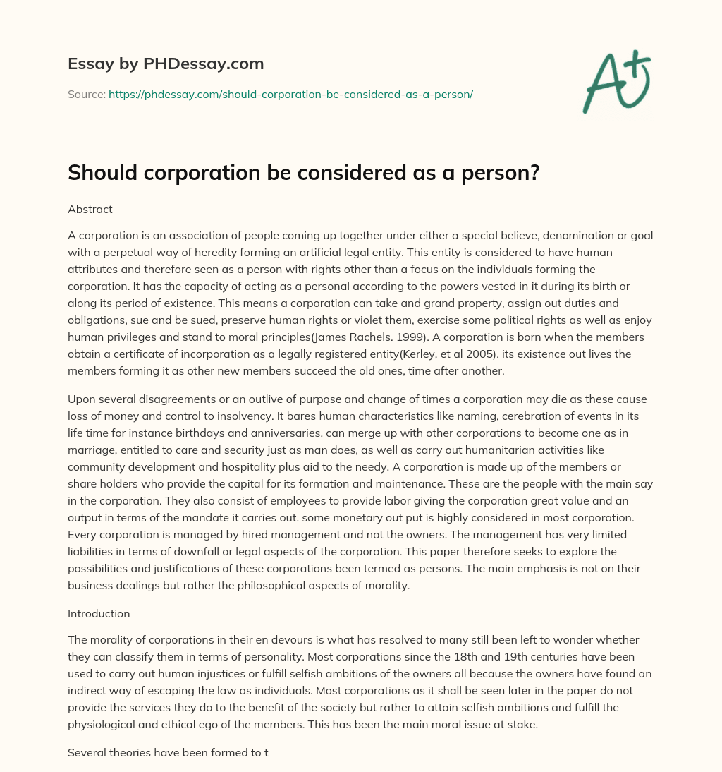 Should corporation be considered as a person? essay
