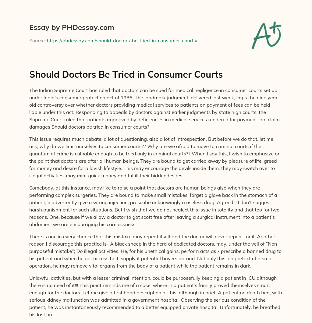 Should Doctors Be Tried in Consumer Courts essay