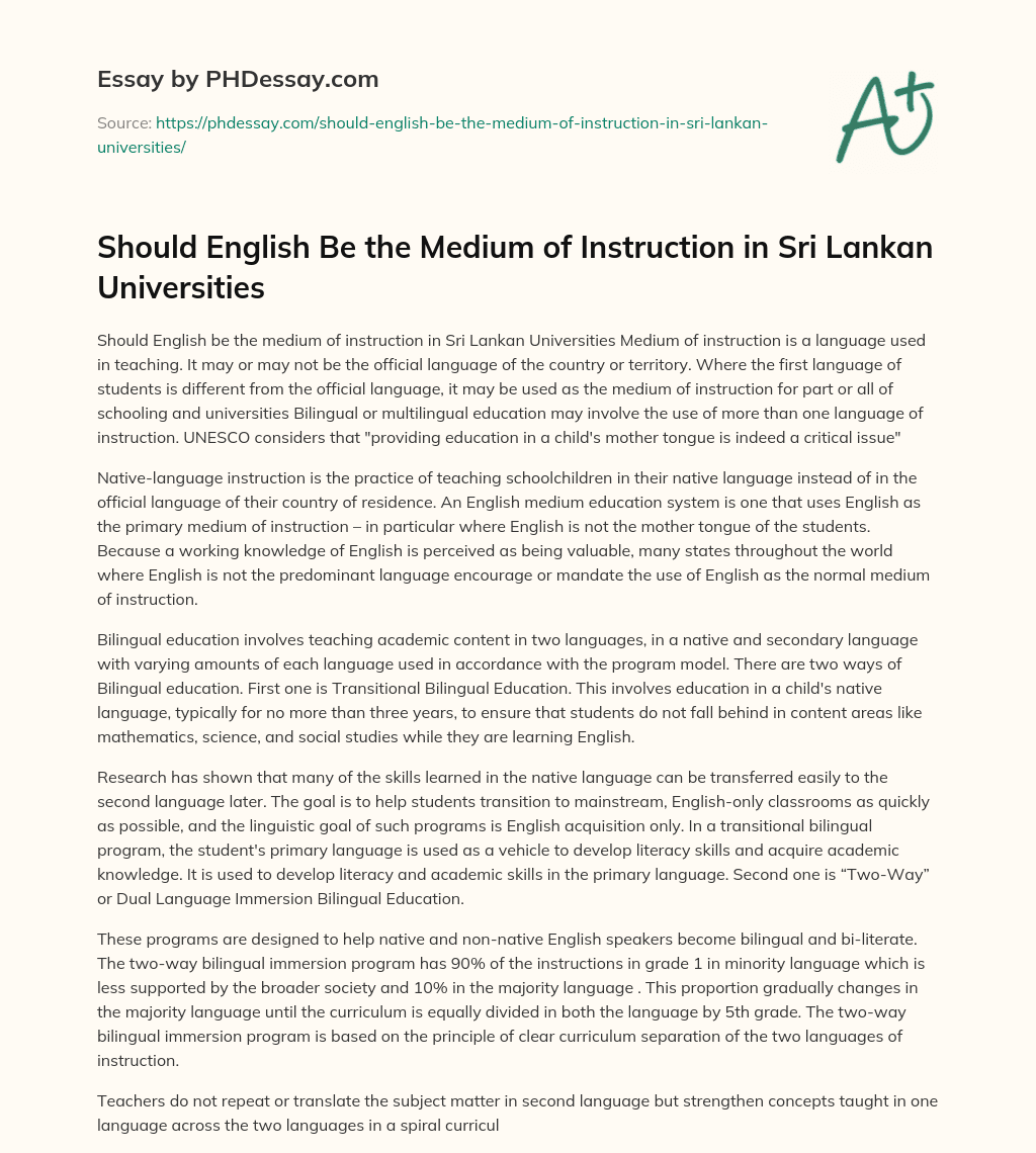 Should English Be the Medium of Instruction in Sri Lankan Universities essay