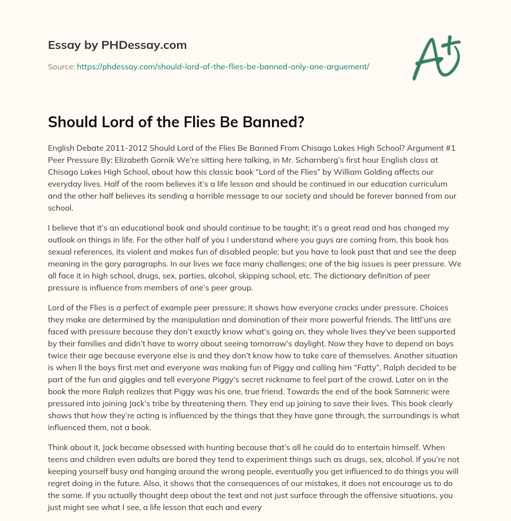 Should Lord Of The Flies Be Banned? Definition Example (500 Words