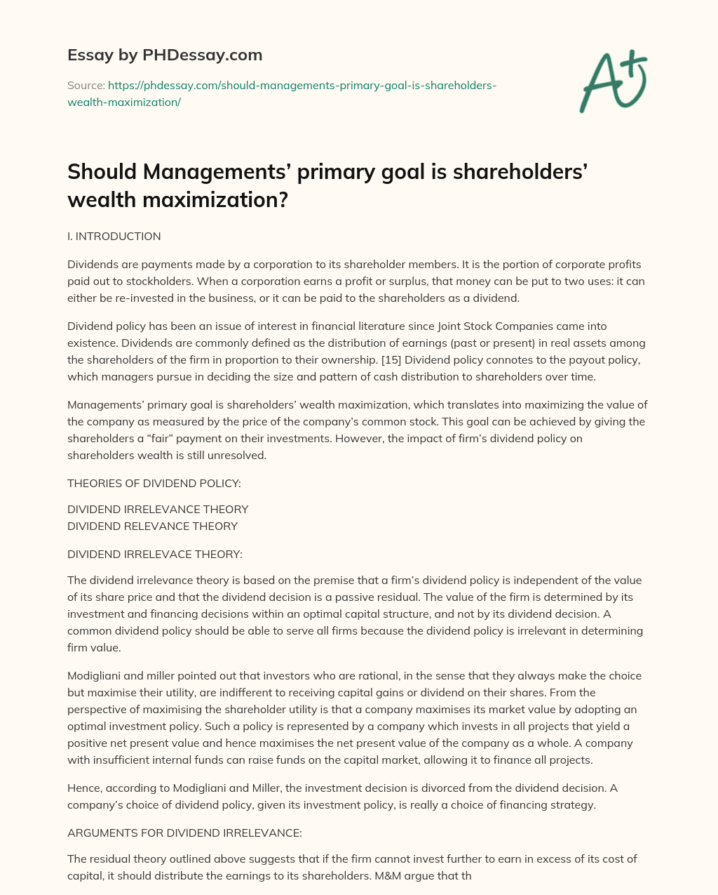 Should Managements’ primary goal is shareholders’ wealth maximization? essay