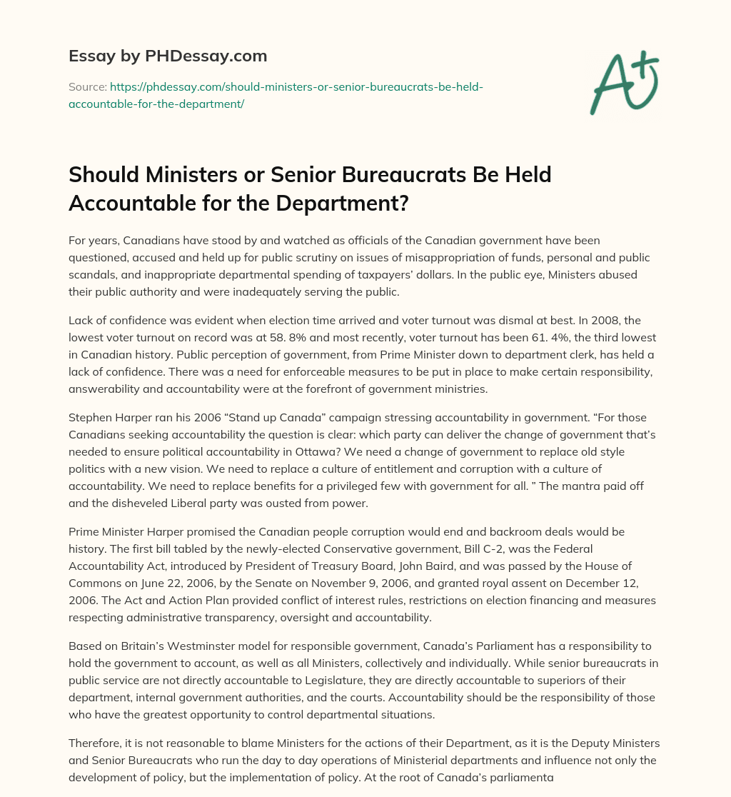 Should Ministers or Senior Bureaucrats Be Held Accountable for the Department? essay