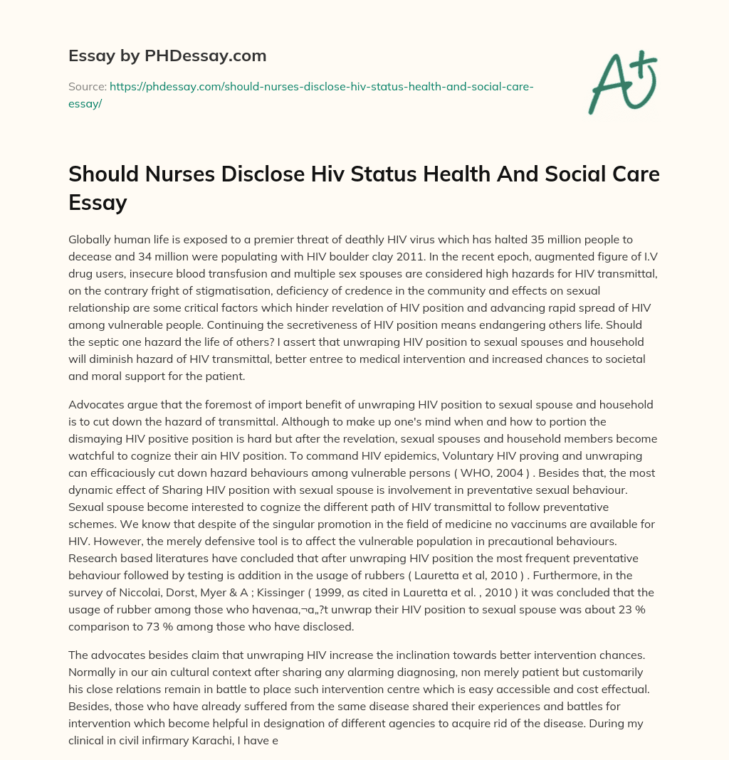Should Nurses Disclose Hiv Status Health And Social Care Essay essay