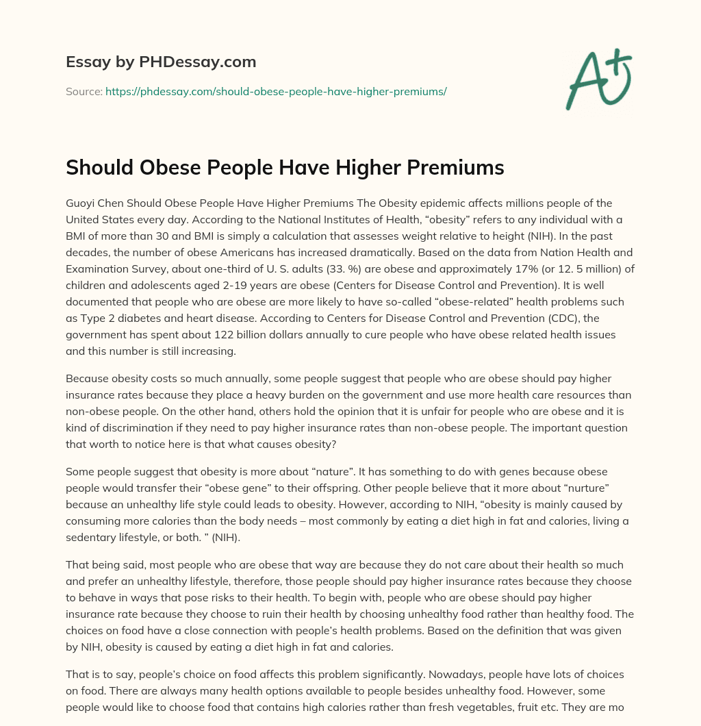 Should Obese People Have Higher Premiums essay