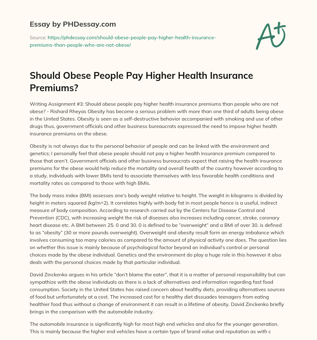 Should Obese People Pay Higher Health Insurance Premiums? essay