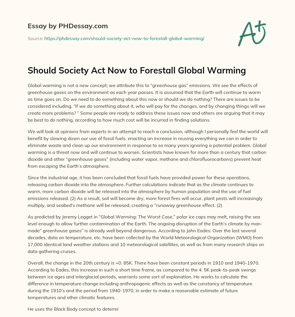 Should Society Act Now to Forestall Global Warming essay
