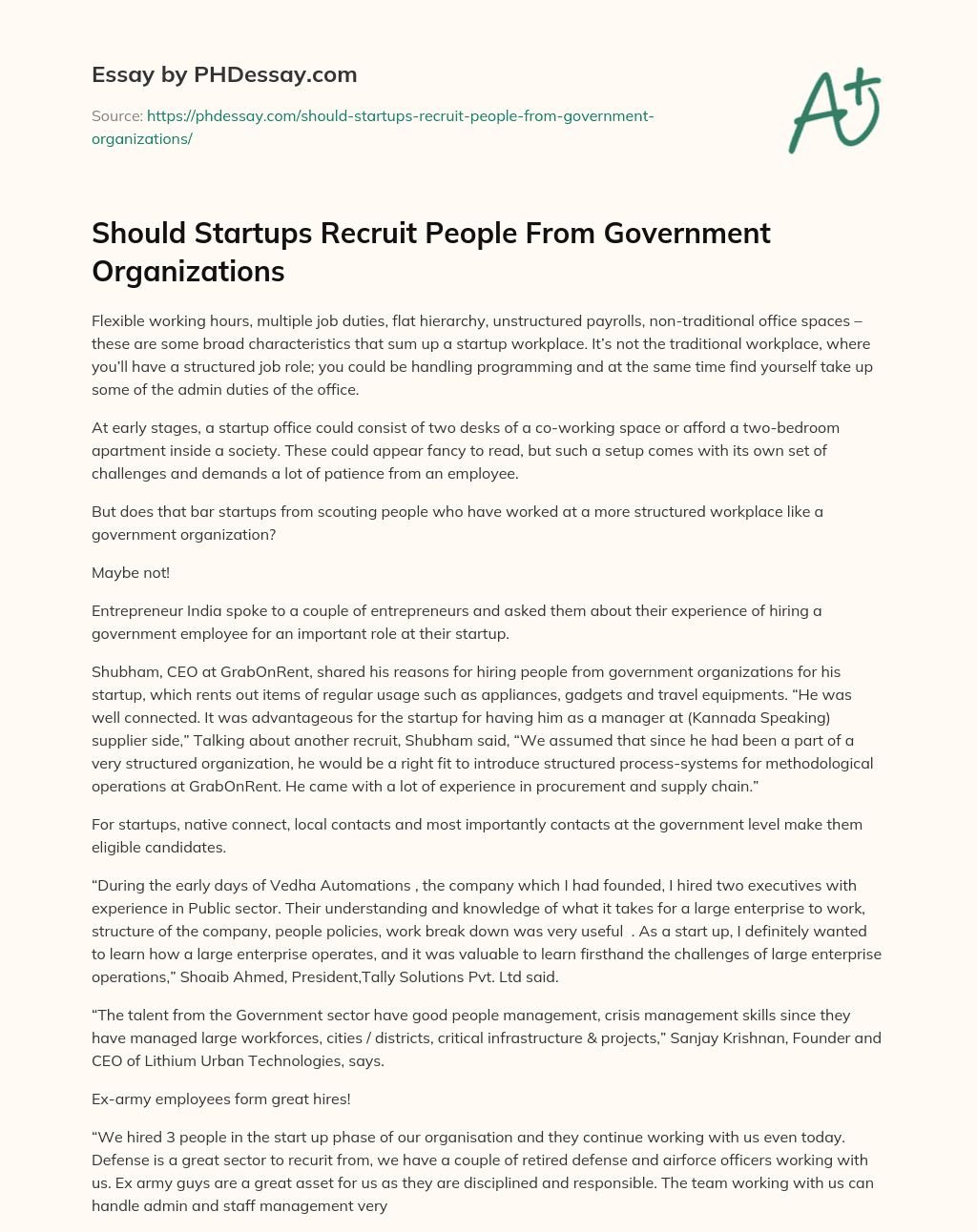 Should Startups Recruit People From Government Organizations essay