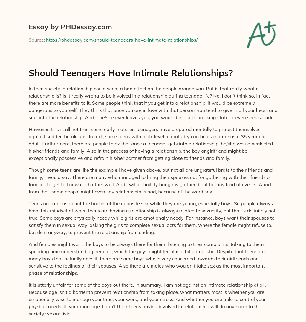 Should Teenagers Have Intimate Relationships? essay
