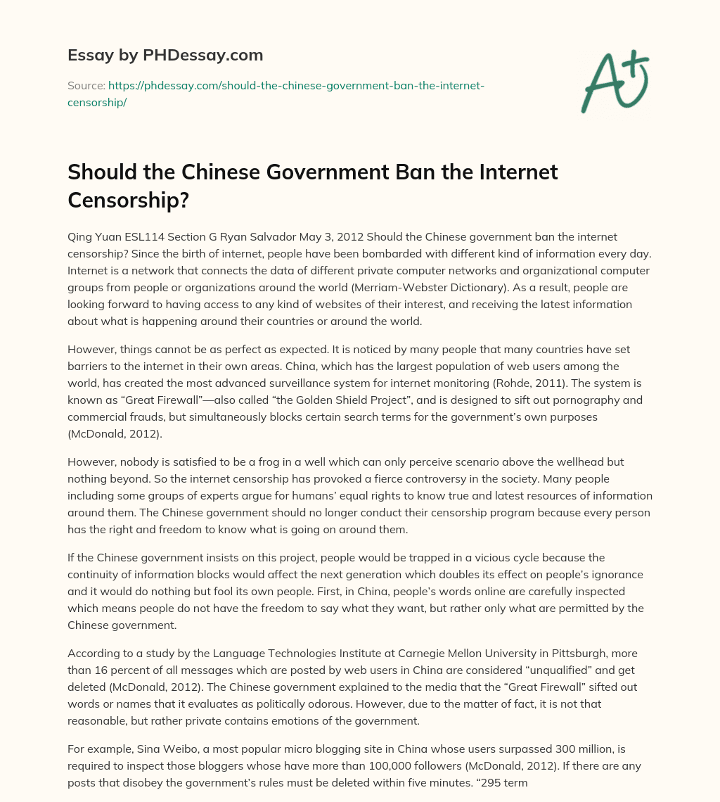 Should the Chinese Government Ban the Internet Censorship? essay