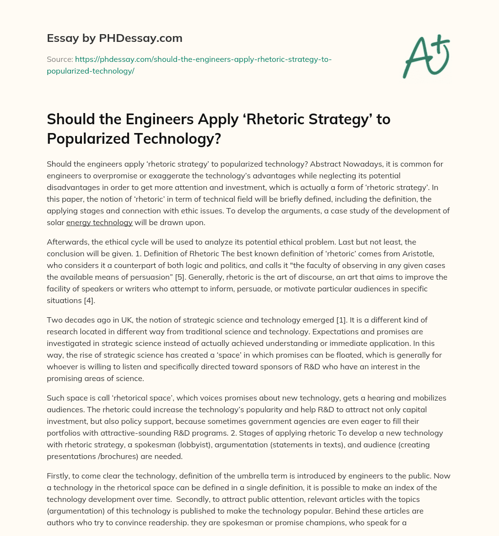Should the Engineers Apply ‘Rhetoric Strategy’ to Popularized Technology? essay