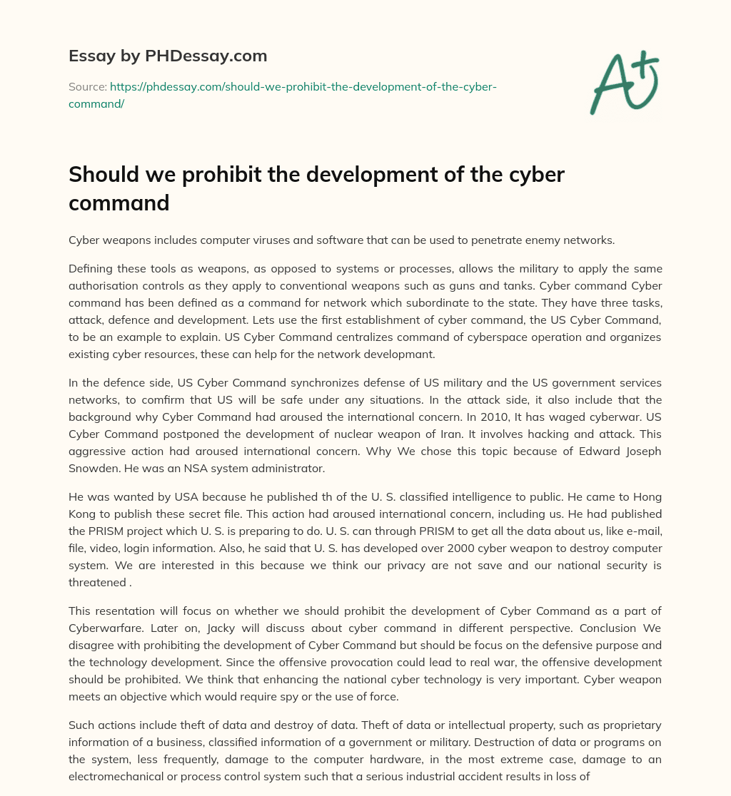 Should we prohibit the development of the cyber command essay