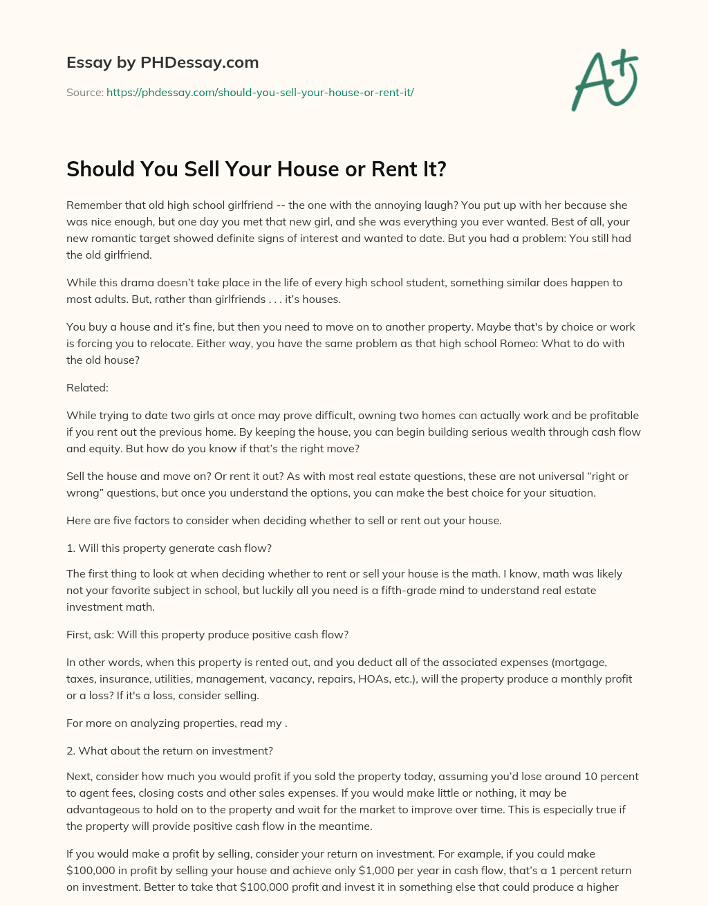 Should You Sell Your House or Rent It? essay