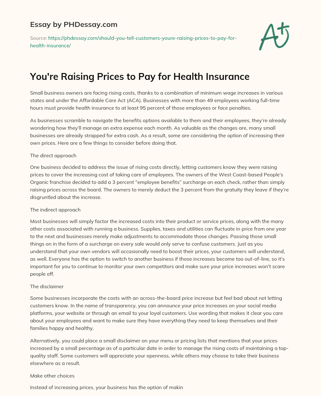 You’re Raising Prices to Pay for Health Insurance essay