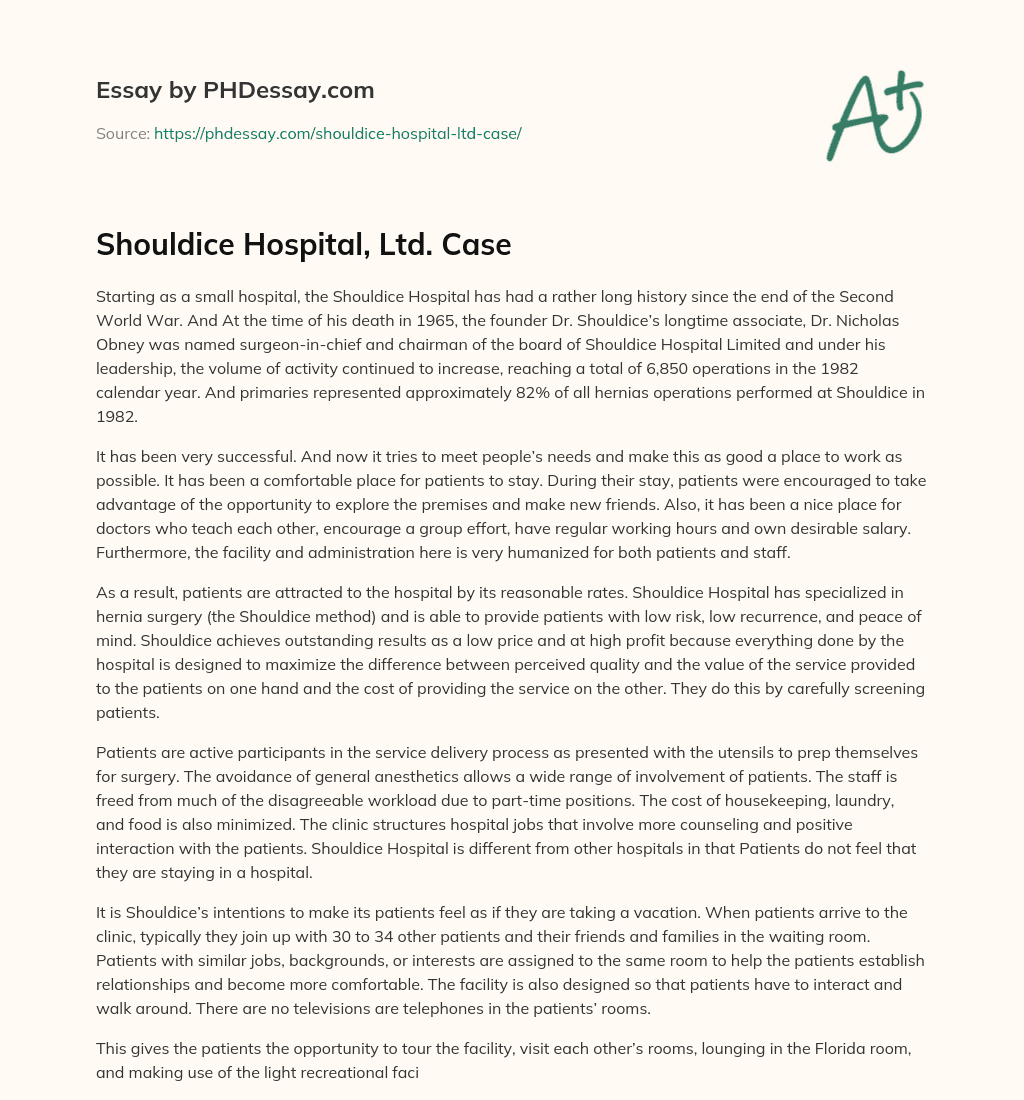 Shouldice Hospital, Ltd. Case essay