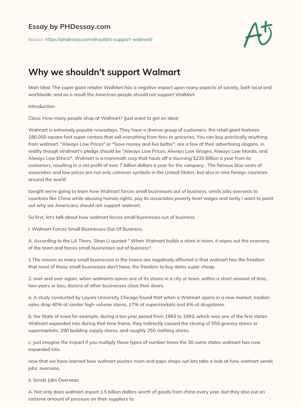 Why we shouldn’t support Walmart essay