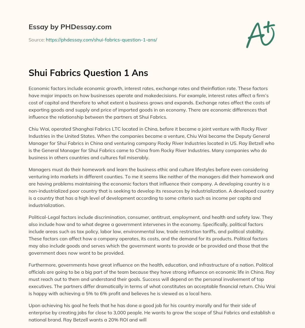 Shui Fabrics Question 1 Ans essay