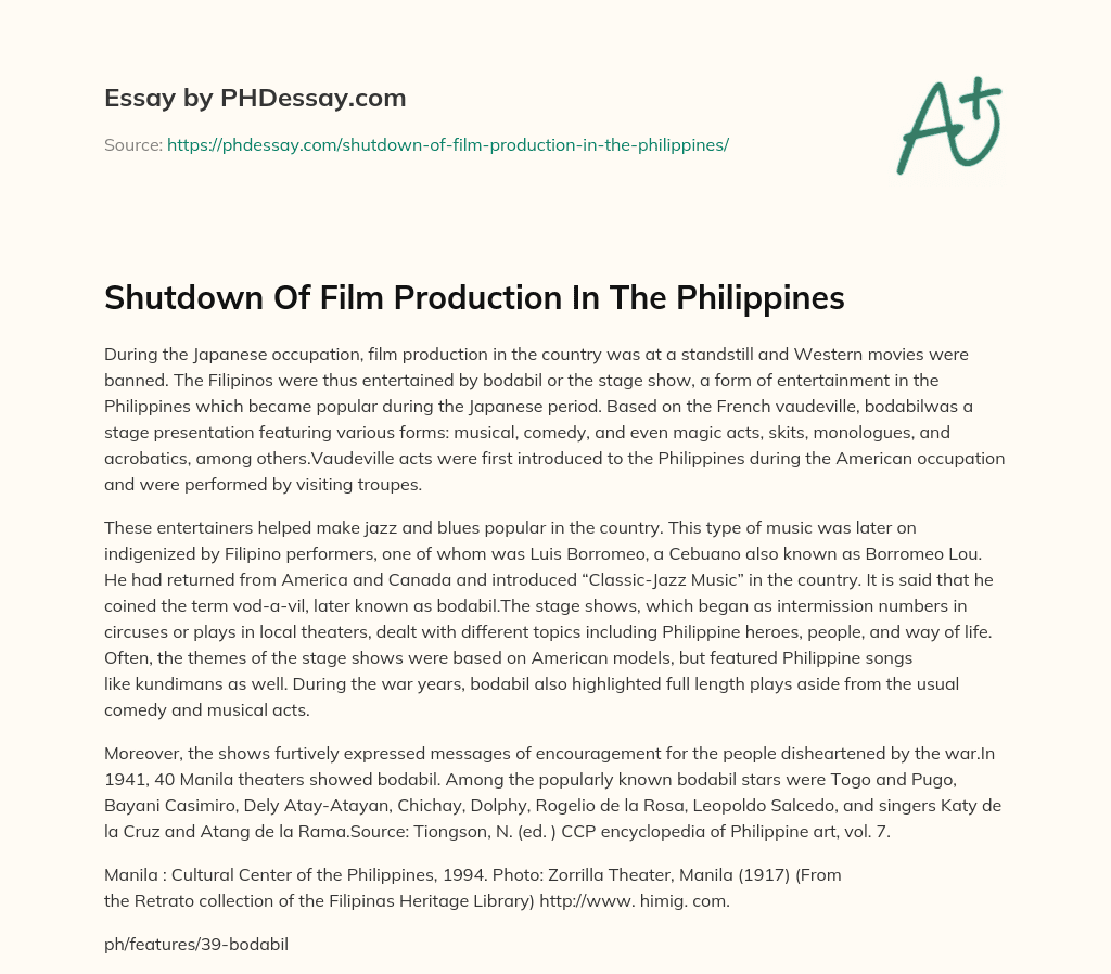 Shutdown Of Film Production In The Philippines essay