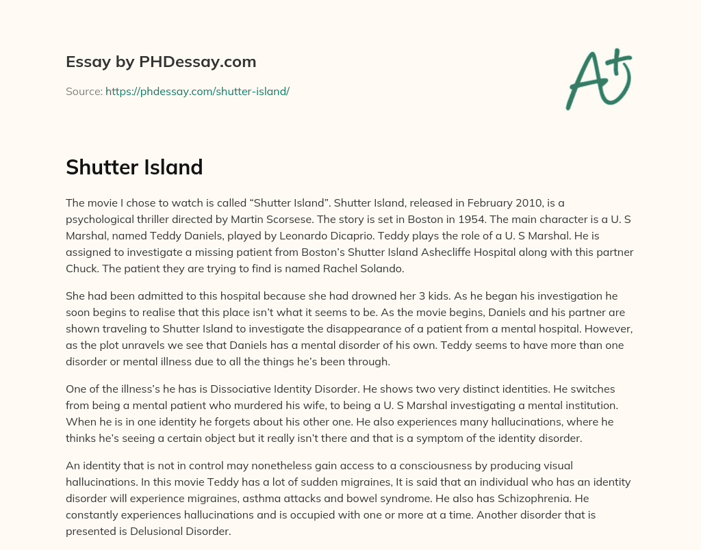 Shutter Island Essay Example (300 Words)