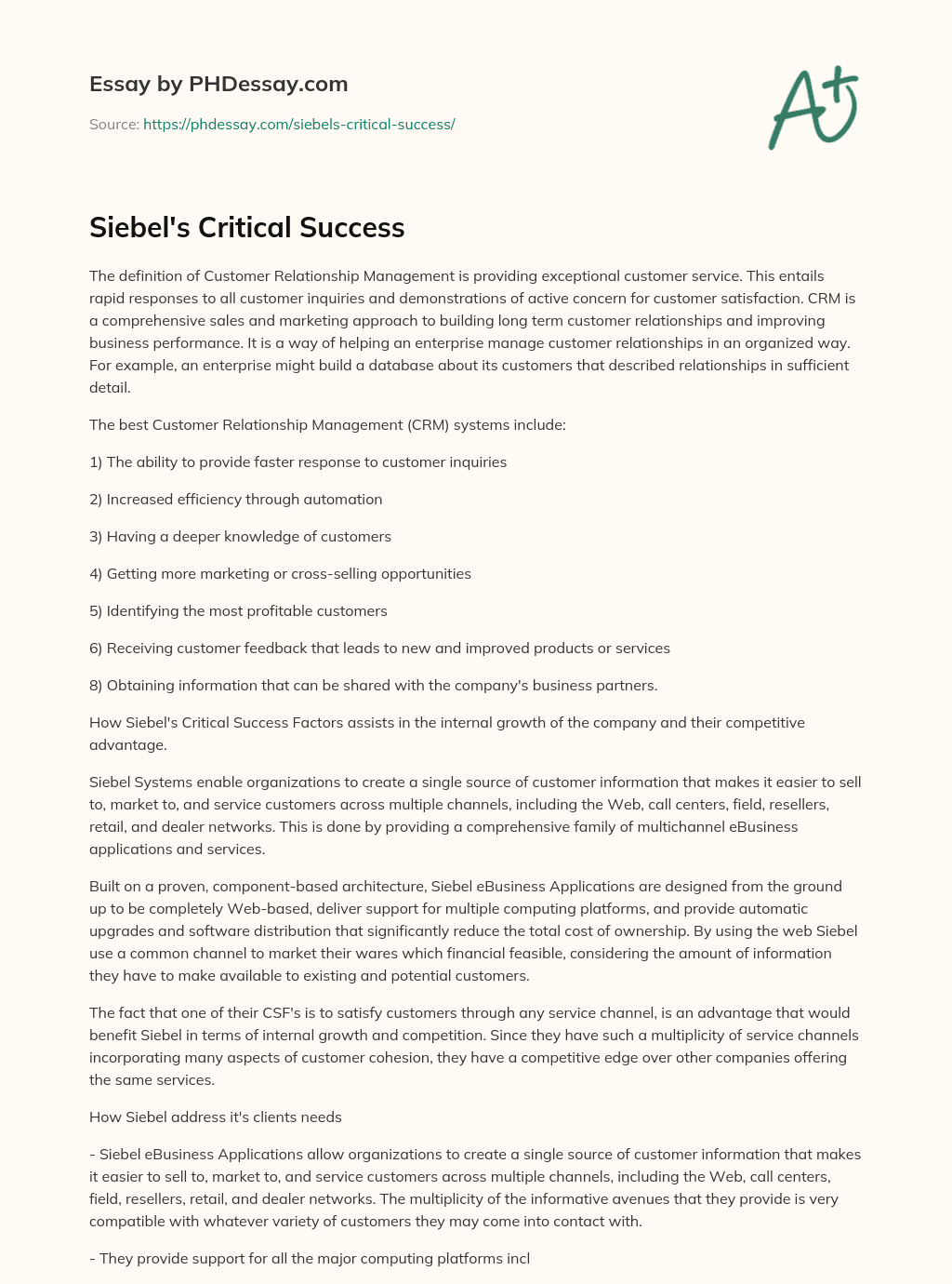 Siebel’s Critical Success essay