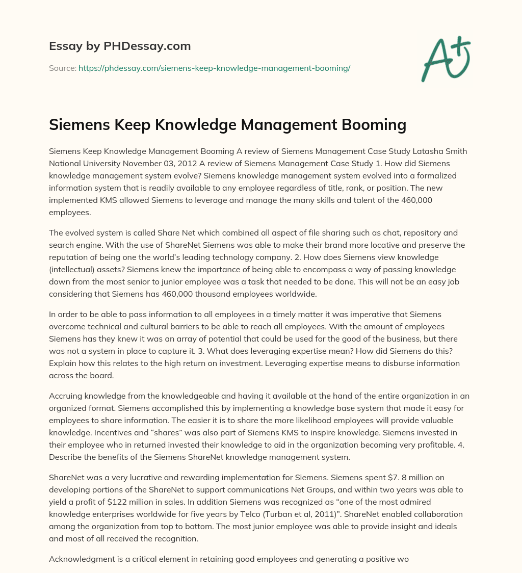 Siemens Keep Knowledge Management Booming essay