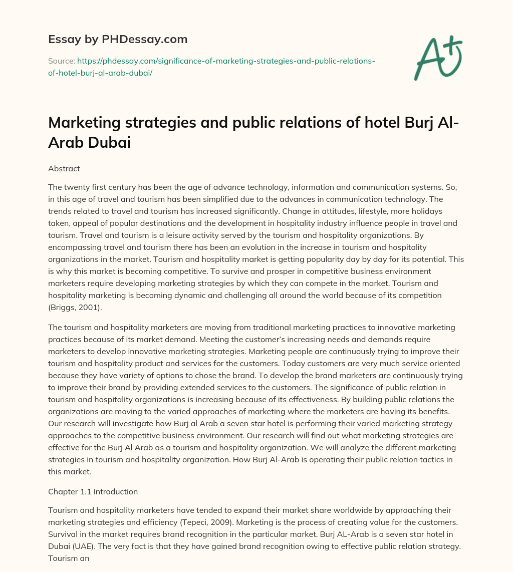 Marketing strategies and public relations of hotel Burj Al-Arab Dubai essay