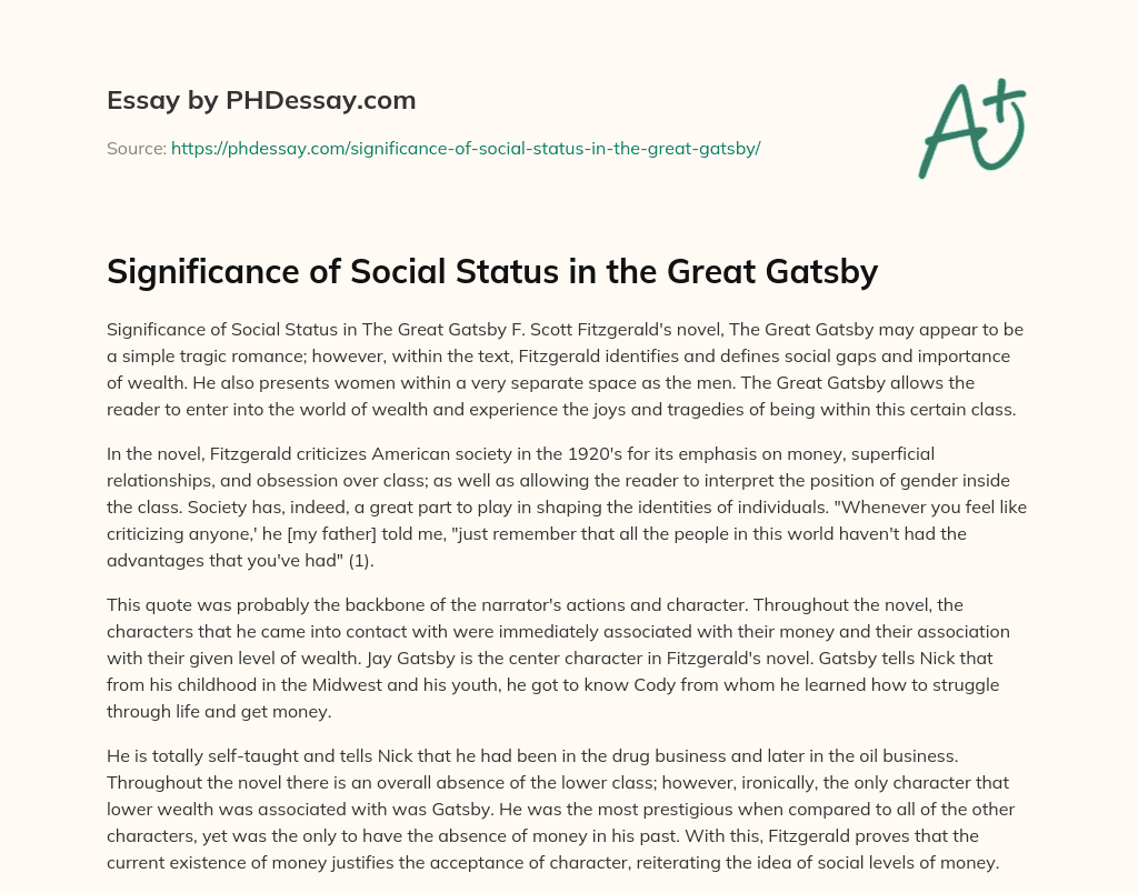 Significance of Social Status in the Great Gatsby essay